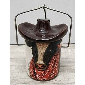 1990s Vintage Cowboy Cow Ceramic Crock Canister Jar, Country Kitchen Western